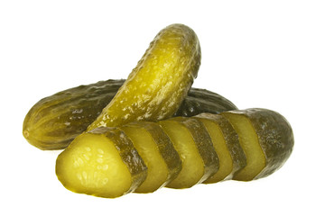 Pickled cucumbers and slices isolated on white background, close up