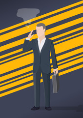 Successful businessman with a suitcase. Man smokes on black and yellow background. Retro style poster. Vector illustration.