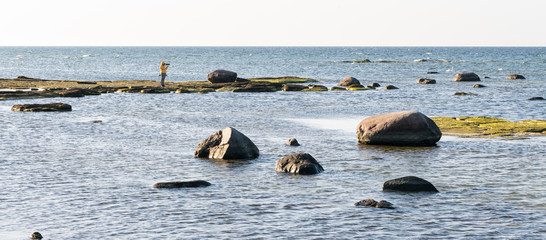 Female photographer taking a photo on the island with two swans. Panoramic image of the sea with rocks