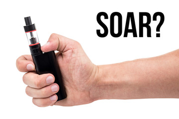 Black vape in a man's hand on a white isolated background. inscription soar