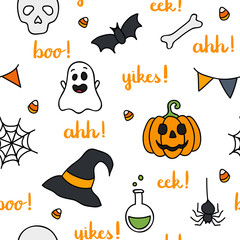 Halloween words lettering and items seamless pattern