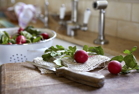 Radish about to be cut with other radishes in colander in background