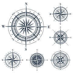 Set of isolated compass roses or windroses isolated on white. Raster illustration.