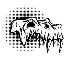 Skull of danger beast with huge fangs. Black and white design isolated on white. Raster handdrawn illustration.