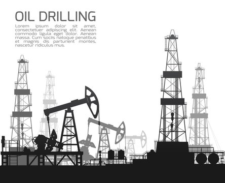 Drilling rigs and oil pumps isolated on white background. Detail raster illustration.