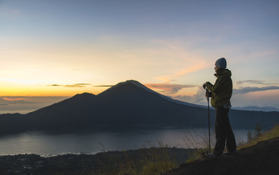 Hiker on top of Mt Batur, Bali, Indonesia