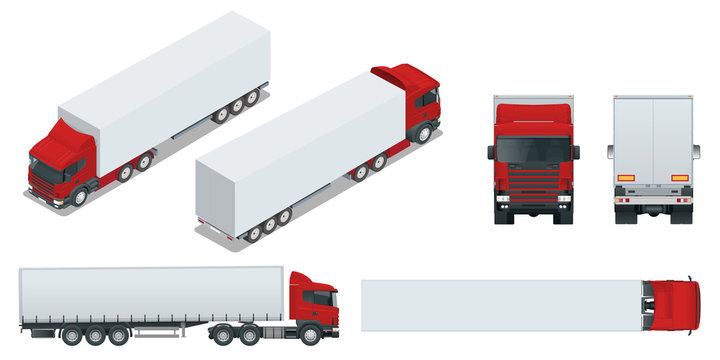 Truck trailer with container. Car for the carriage of goods. Cargo delivering vehicle template vector isolated on white View front, rear, side, top and isometry front, back.