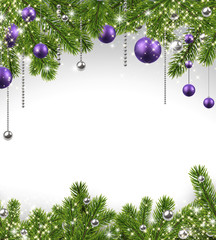 Christmas background with spruce branches and balls.