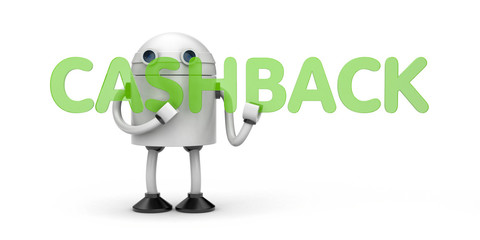 Robot hold green word - Cashback. 3d illustration