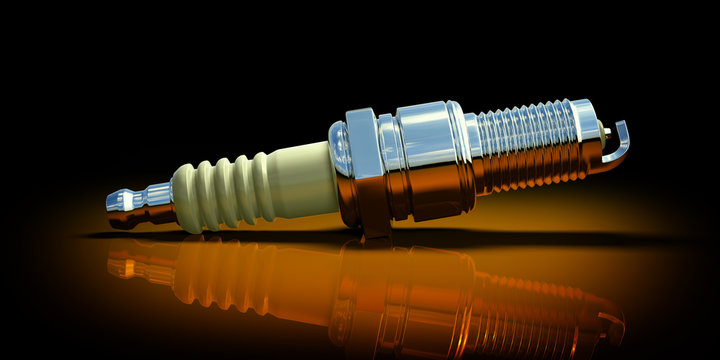 Sparkplug on black background with reflection. 3d illustration