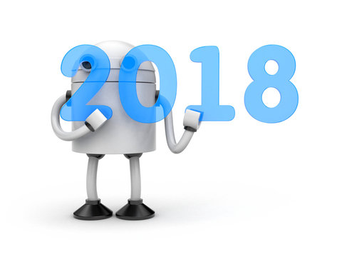 Robot with blue numbers - 2018. New year metaphor. 3d illustration
