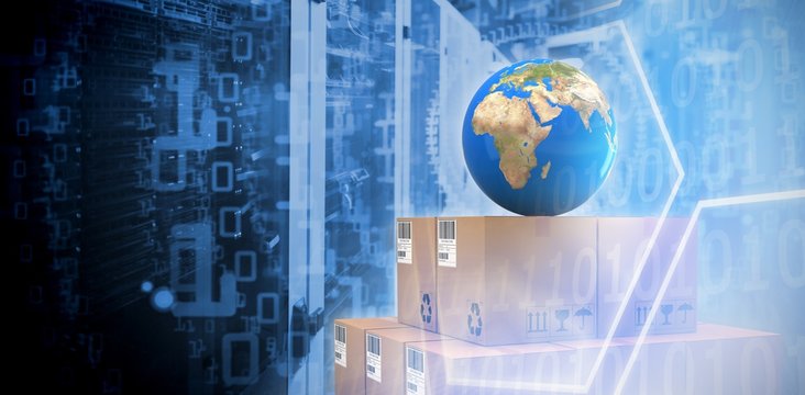 Composite image of blue globe on brown cardboard boxes - Powered by Adobe