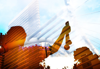 Blurred of silhouette Businesswoman hands raised and holding gold medals, show successful against modern building background. Concept of Winners success award and appreciation.