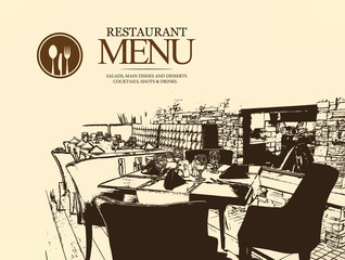 Restaurant menu design. Vector menu brochure template for cafe, coffee house, restaurant, bar. Food and drinks logotype symbol design. With a sketch pictures - 176025901