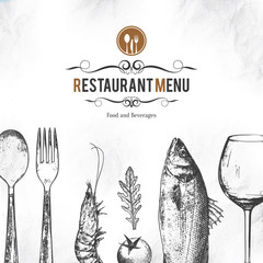 Restaurant menu design. Vector menu brochure template for cafe, coffee house, restaurant, bar. Food and drinks logotype symbol design. With a sketch pictures - 176025954