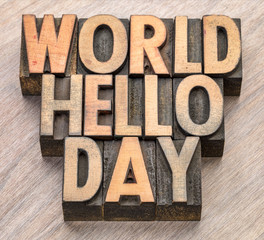 World Hello Day word abstract in wood type