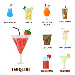 Alcohol drinks beverages cocktail lager container drunk different glasses vector illustration.