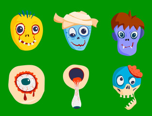 Colorful zombie scary cartoon character and magic people body part cartoon fun monster vector illustration