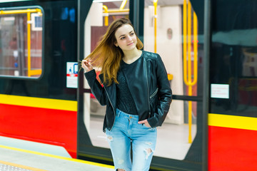 The girl near subway train