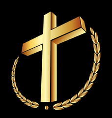 Christian 3d gold cross on black background, icon vector - 176028950