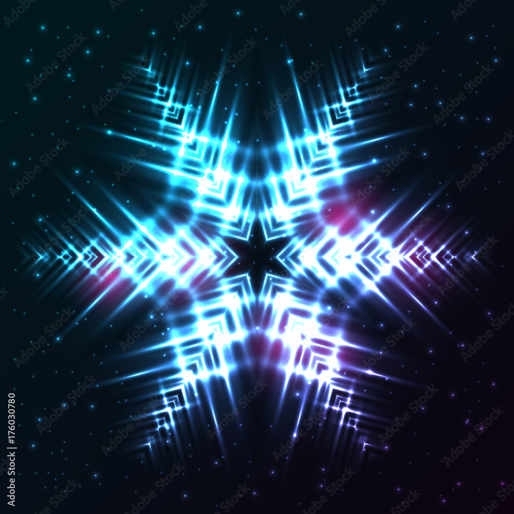 Wall mural bright, shining and glaring abstract snowflake. beautiful decorative cosmic star on dark background.