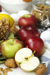 Ingredients for baking apple and nuts pie