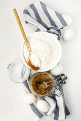 Flour, brown sugar and eggs for baking