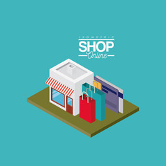 store with striped sunshade red and white with credit cards and shopping bags over green floor colorful poster isometric shop online