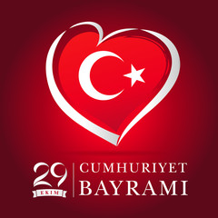 Cumhuriyet Bayrami 29 ekim red card, heart emblem in national flag colors. Republic Day Turkey celebration poster. 29 ekim Cumhuriyet Bayrami vector illustration or template poster and banner