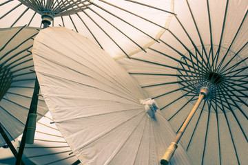 Paper Umbrellas laid out in an artistic manner with color toning