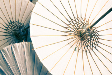 Paper Umbrellas laid out in an artistic manner with color toning