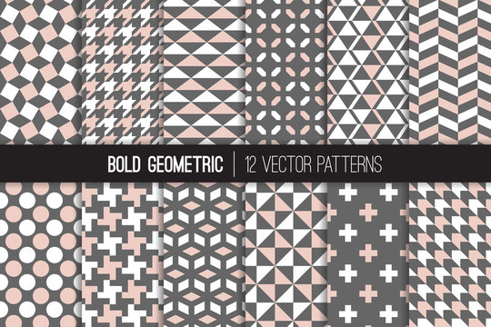 Bold Geometric Seamless Vector Patterns in Pink, Dark Gray and White. Triangles, Dots, Houndstooth, Herringbone, Pinwheel and Lattice Prints. Vector Pattern Tile Swatches Included.
