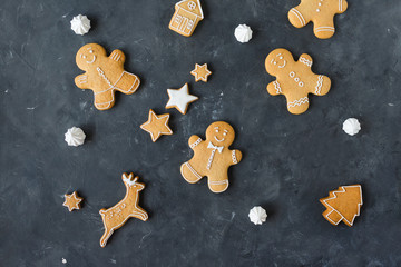 Gingerbread  cookies on a gray background.  Christmas cookies.  Ginger men
