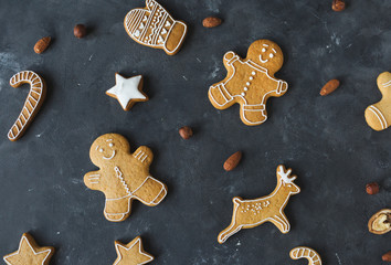 Gingerbread  cookies on a gray background.  Christmas cookies.  Ginger men