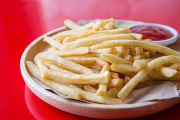 Fresh Potatoes Tasty french fries with ketchup fast food products