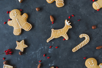 Gingerbread  cookies on a gray background.  Christmas cookies.