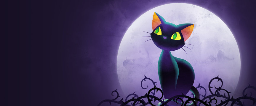 Cute black cat with Moon watercolor illustration, background  for Halloween