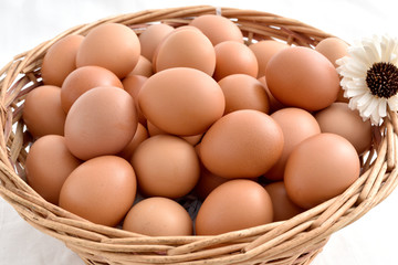 eggs in basket filled isolated on white background.