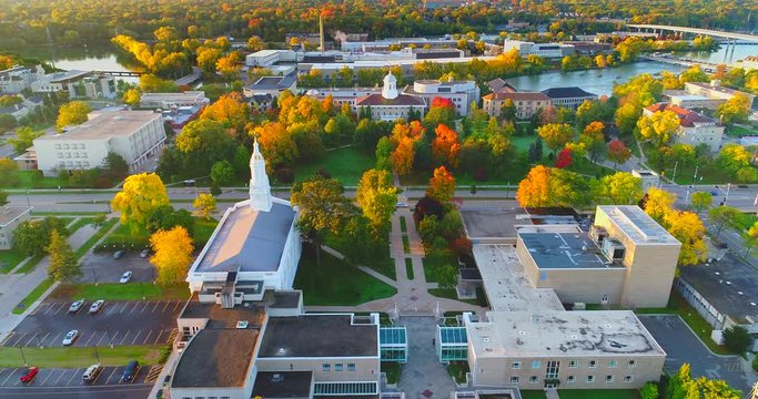 Sunrise flyover of beautiful Autumn colors in Appleton Wisconsin.
