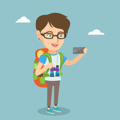 Young happy caucasian traveler woman making selfie. Full length of smiling traveler woman with a backpack and binoculars taking photo with a mobile phone. Vector cartoon illustration. Square layout.