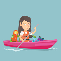 Young caucasian traveler woman riding a kayak on the river. Cheerful traveler woman traveling by kayak. Concept of travel and tourism. Vector cartoon illustration. Square layout.