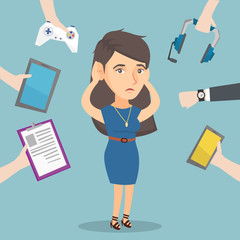 Young caucasian woman clutching head and many hands with gadgets around her. Woman in despair surrounded by gadgets. Woman using many electronic gadgets. Vector cartoon illustration. Square layout.