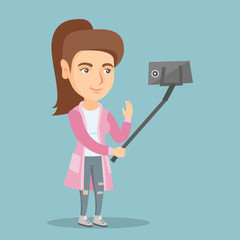 Caucasian business woman making selfie with a selfie-stick. Smiling woman taking photo with a mobile phone. Young woman taking selfie and waving her hand. Vector cartoon illustration. Square layout.