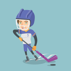 Young caucasian ice hockey player skating on the ice rink with a stick. Full length of smiling sportswoman in uniform playing ice hockey. Vector cartoon illustration. Square layout.