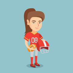 Young caucasian rugby player holding a ball and a helmet in hands. Full length of rugby player in uniform. Sport and leisure concept. Vector cartoon illustration. Square layout.