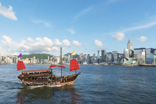 Junk Ship in Victoria Harbor of Hong Kong city