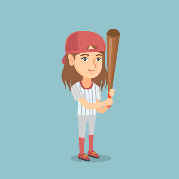 Full length of Сaucasian smiling woman baseball player in uniform holding a bat. Young cheerful professional sportswoman playing baseball. Vector cartoon illustration. Square layout.