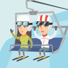 Caucasian skiers sitting on ski elevator with raised hands. Happy skiers using a cableway at winter ski resort. Winter sport and leisure activity concept. Vector cartoon illustration. Square layout.