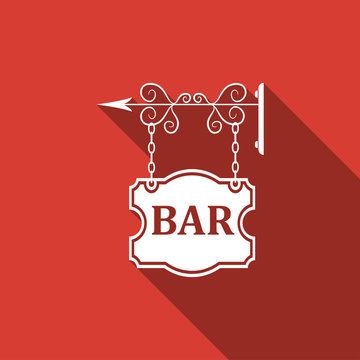 Bar signboard icon isolated with long shadow. Flat design. Vector Illustration