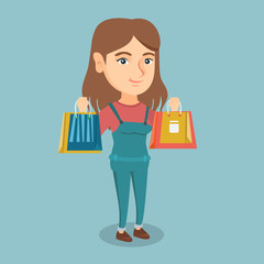 Young smiling caucasian woman holding shopping bags. Full length of woman standing with a lot of shopping bags with purchases. Woman showing shopping bags. Vector cartoon illustration. Square layout.